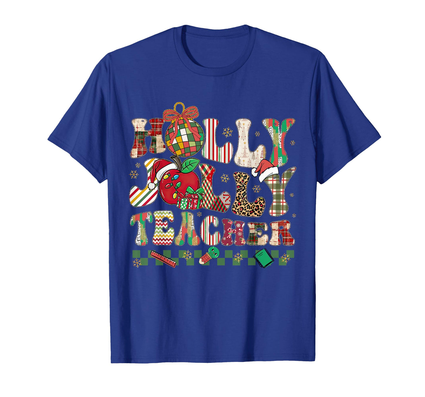 Holly-Jolly Teacher Christmas Patchwork Xmas Teaching Women T-Shirt
