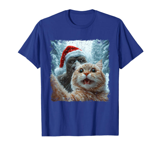 Funny Bigfoot and Cat Christmas Selfie Design T-Shirt
