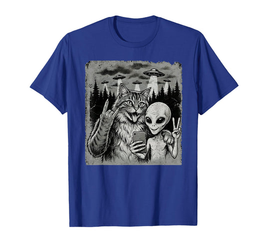 Funny Cat and Alien Rock On Hand Sign UFO Selfie T-Shirt