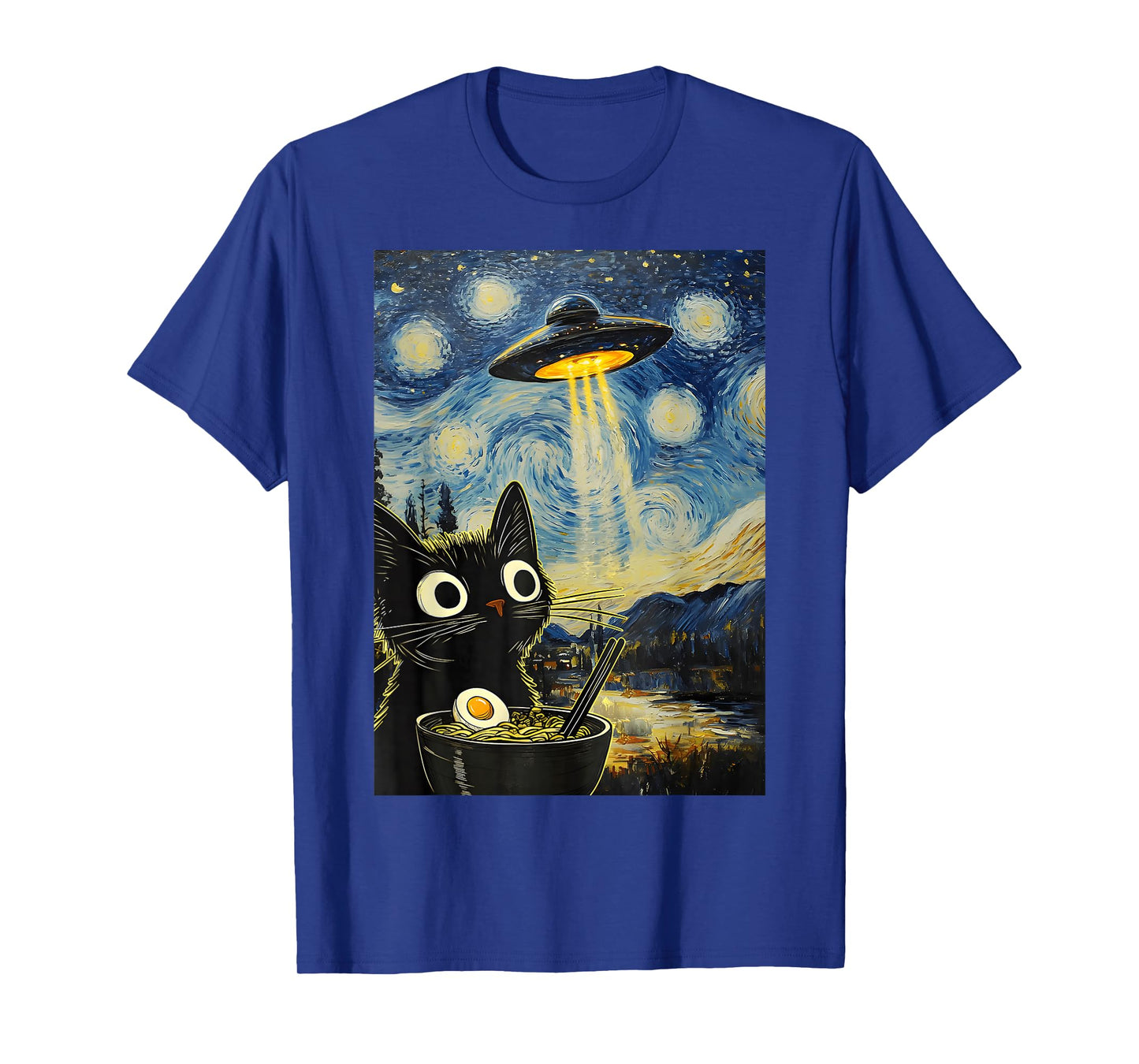 Kawaii Cat Ramen UFO Starry Night Retro Japanese Anime T-Shirt