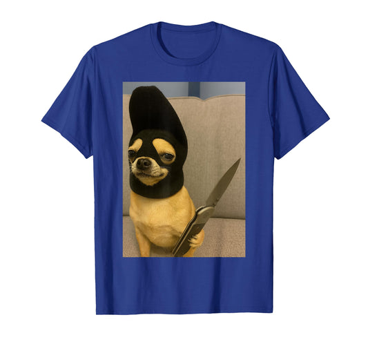 Funny Chihuahua Dog Wearing a ski mask and Holding a Knife T-Shirt