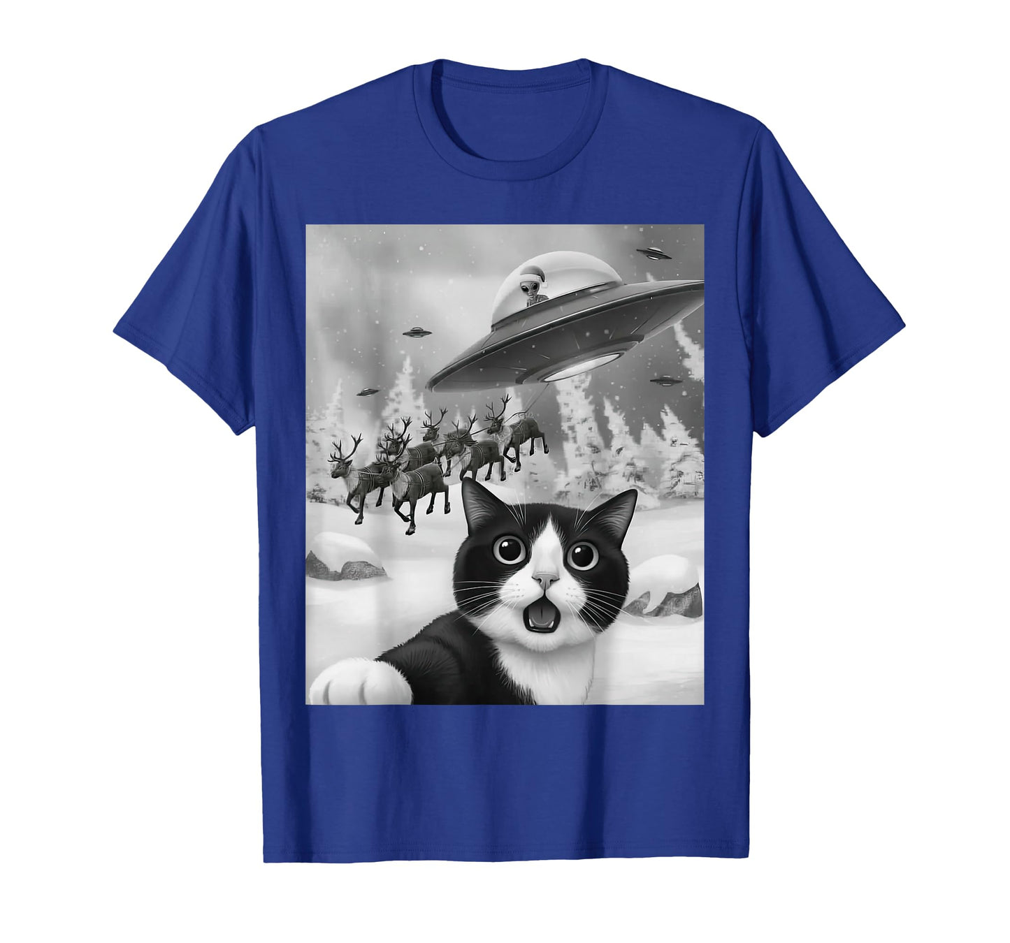 Tuxedo Cat UFO Alien Reindeer Christmas Air Selfie T-Shirt