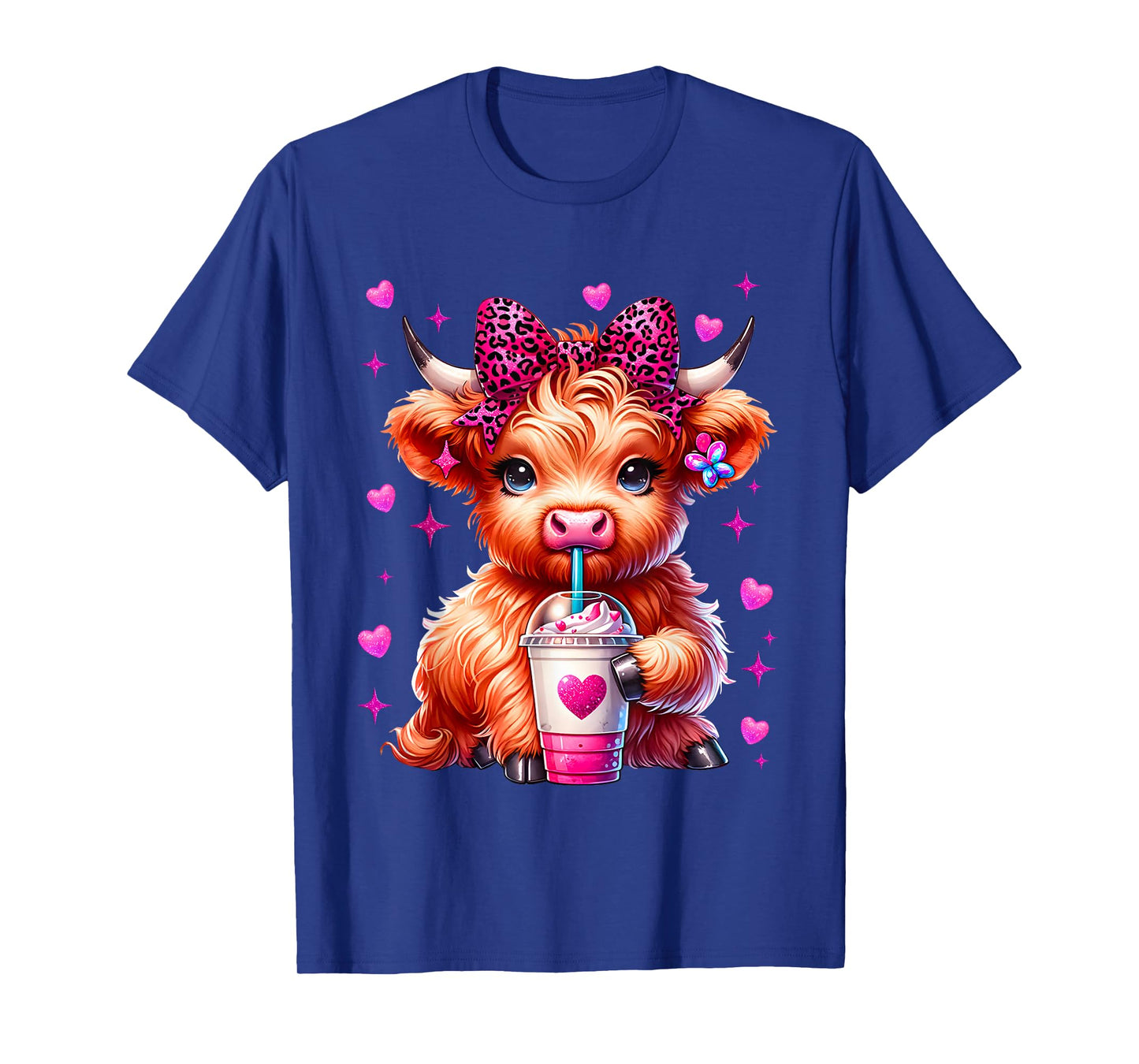 Cute Highland Cow Pink Leopard Coquette Outfit Women Girl T-Shirt