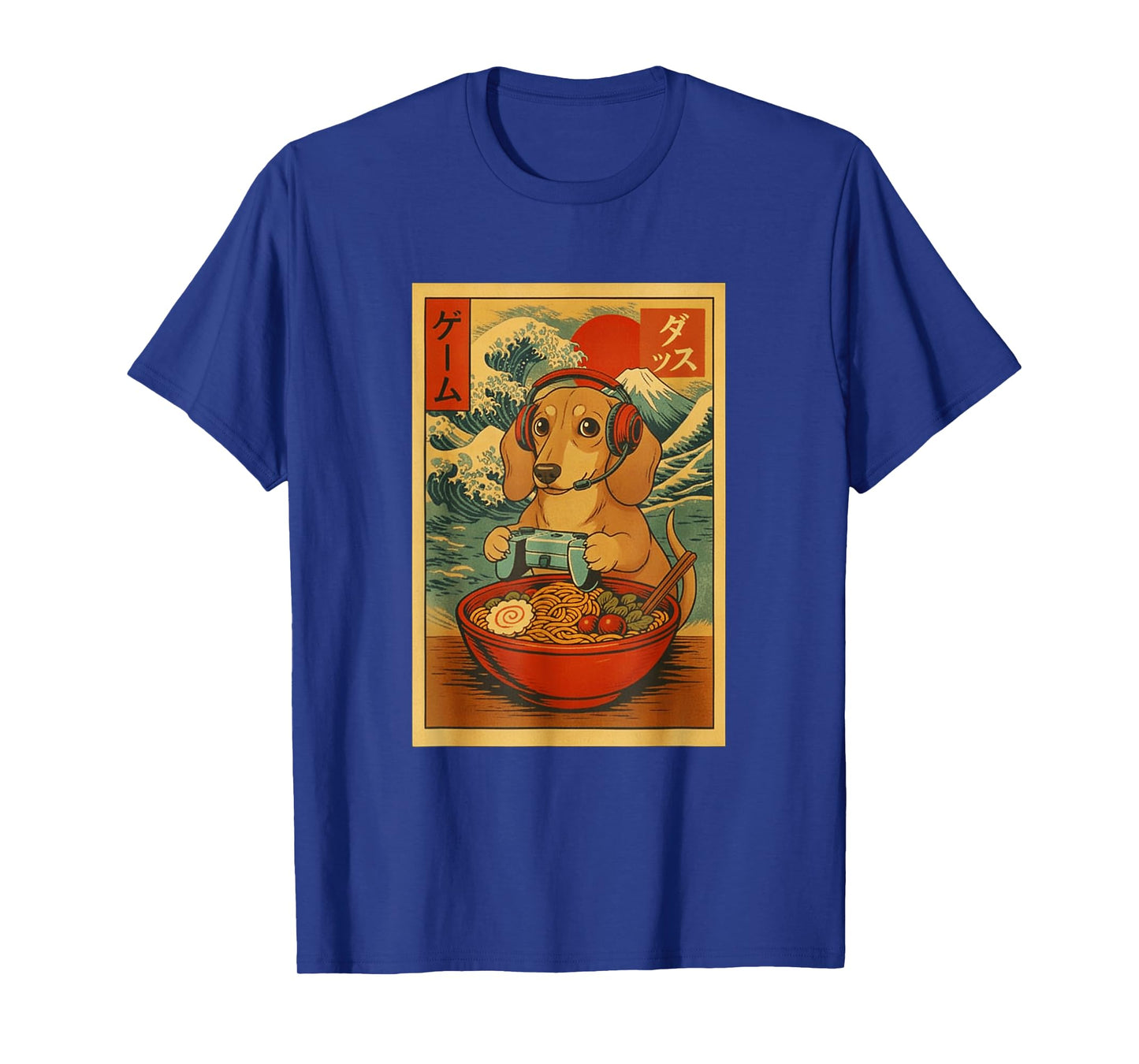 Dachshund Gaming Ramen Japanese Ukiyo-e Great Wave Retro Art T-Shirt