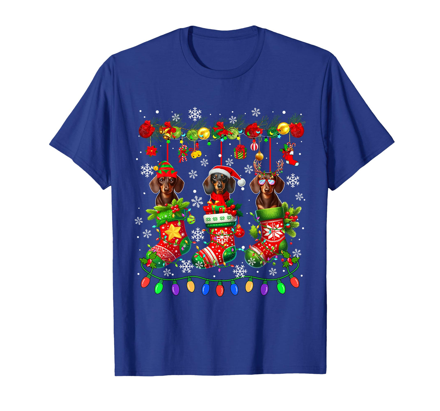 Three Santa Elf Dachshunds in Colorful Christmas Socks Owner T-Shirt