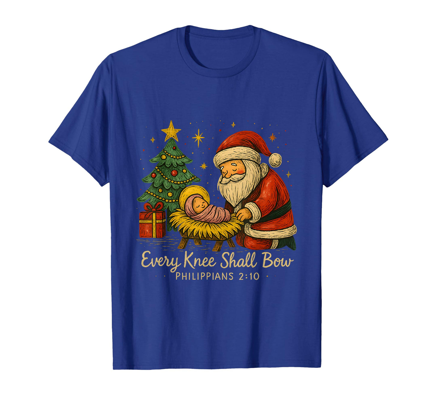 Santa Kneels at Manger – Every Knee Shall Bow Verse T-Shirt