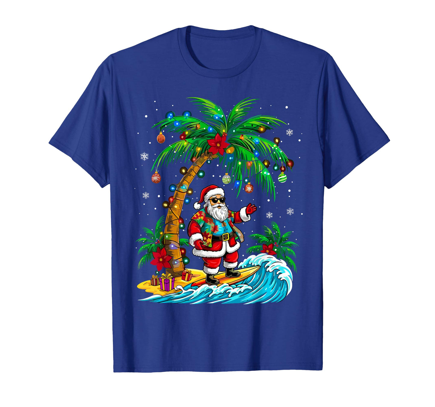 Tropical Christmas Palm Tree Surfing Hawaiian Santa T-Shirt