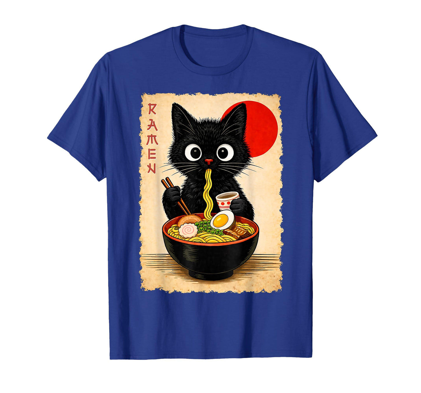 Cute Black Cat Eating Ramen Artwork Print Anime Style Wall T-Shirt