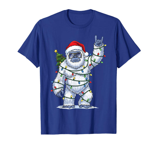 Santa Bigfoot Christmas Tree Xmas Lights Funny Sasquatch T-Shirt