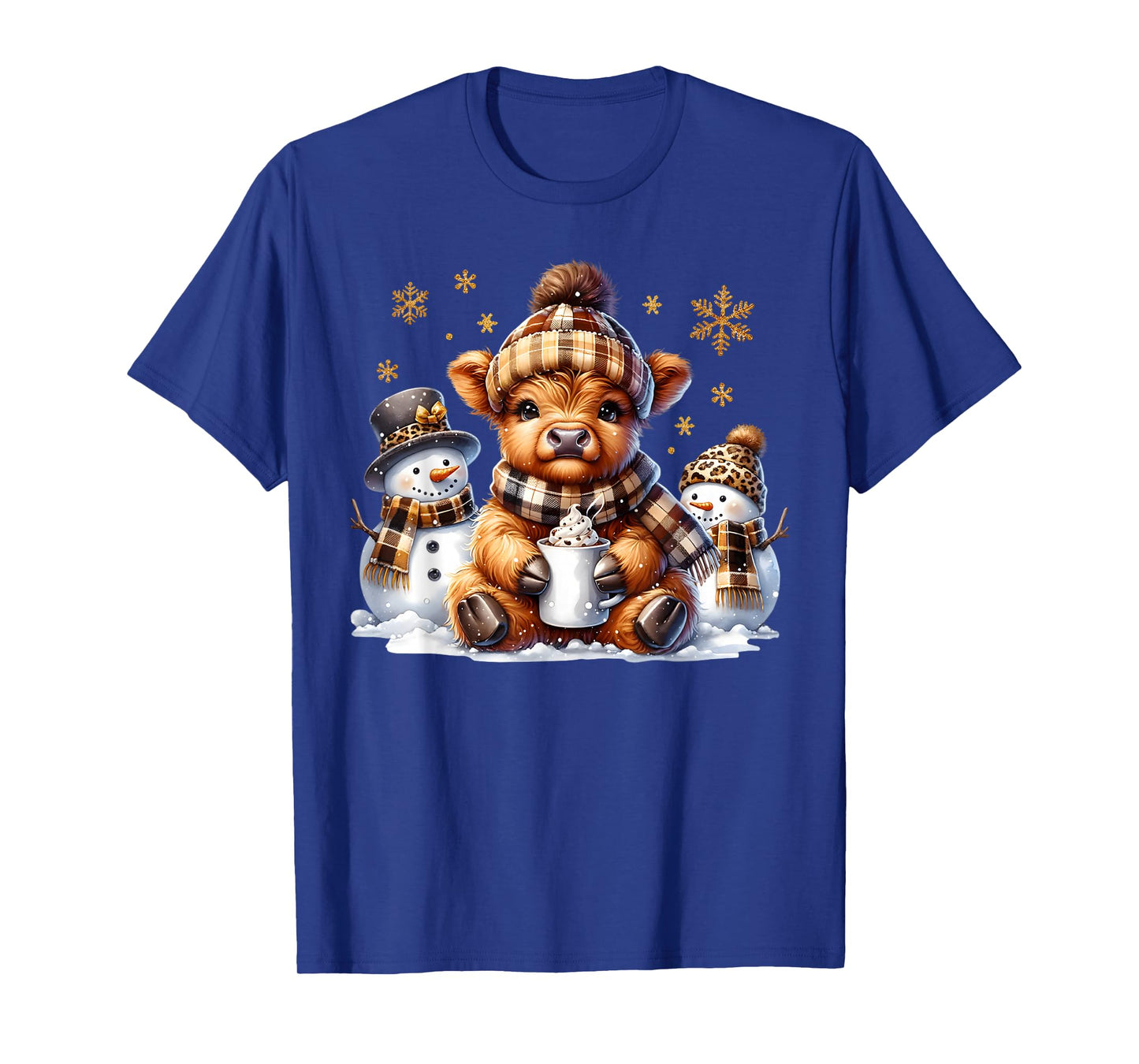 Funny Xmas Merry Cows Cute Highland Cow Christmas Snowman T-Shirt