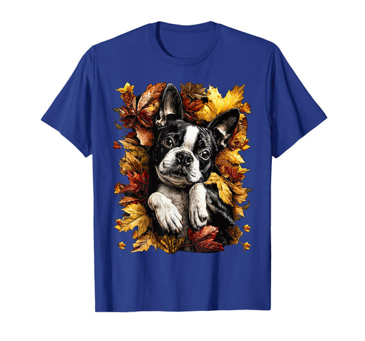 Adorable Boston Terrier with Autumn Leaves Fall Season Dog T-Shirt