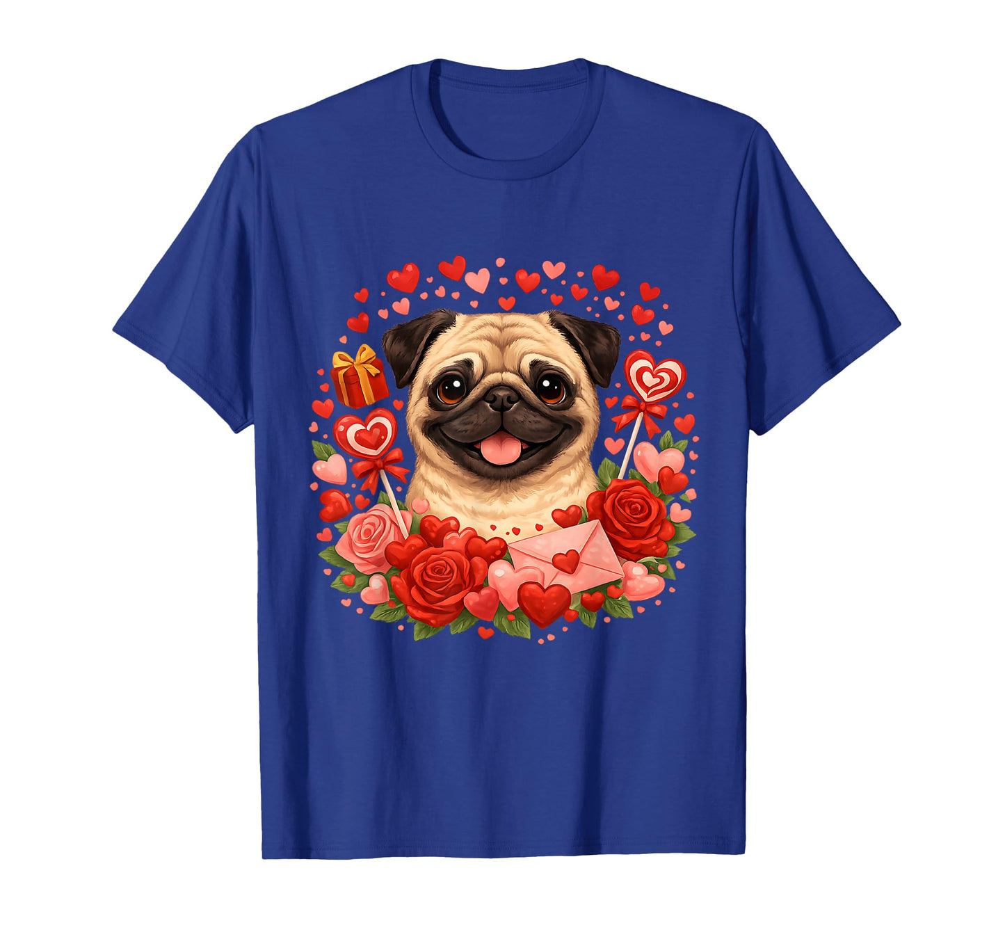 Cute Pug Valentine Day Hearts Roses T-Shirt