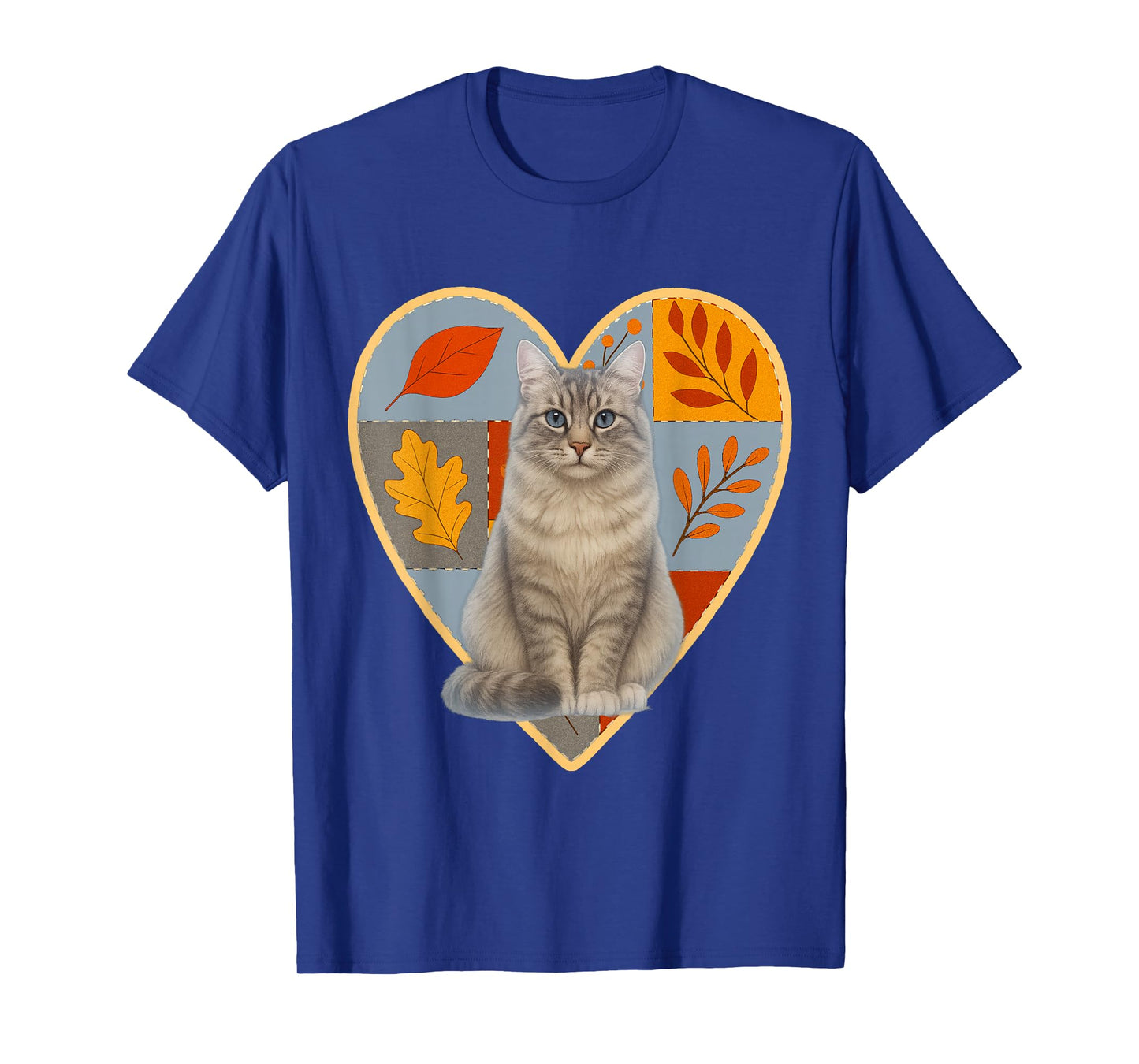 Silver Siberian Forest Cat Autumn Fall Patchwork Leaves Hear T-Shirt