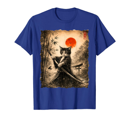 Samurai Cat Japanese Art Men Boys Funny Graphic Tee Anime T-Shirt