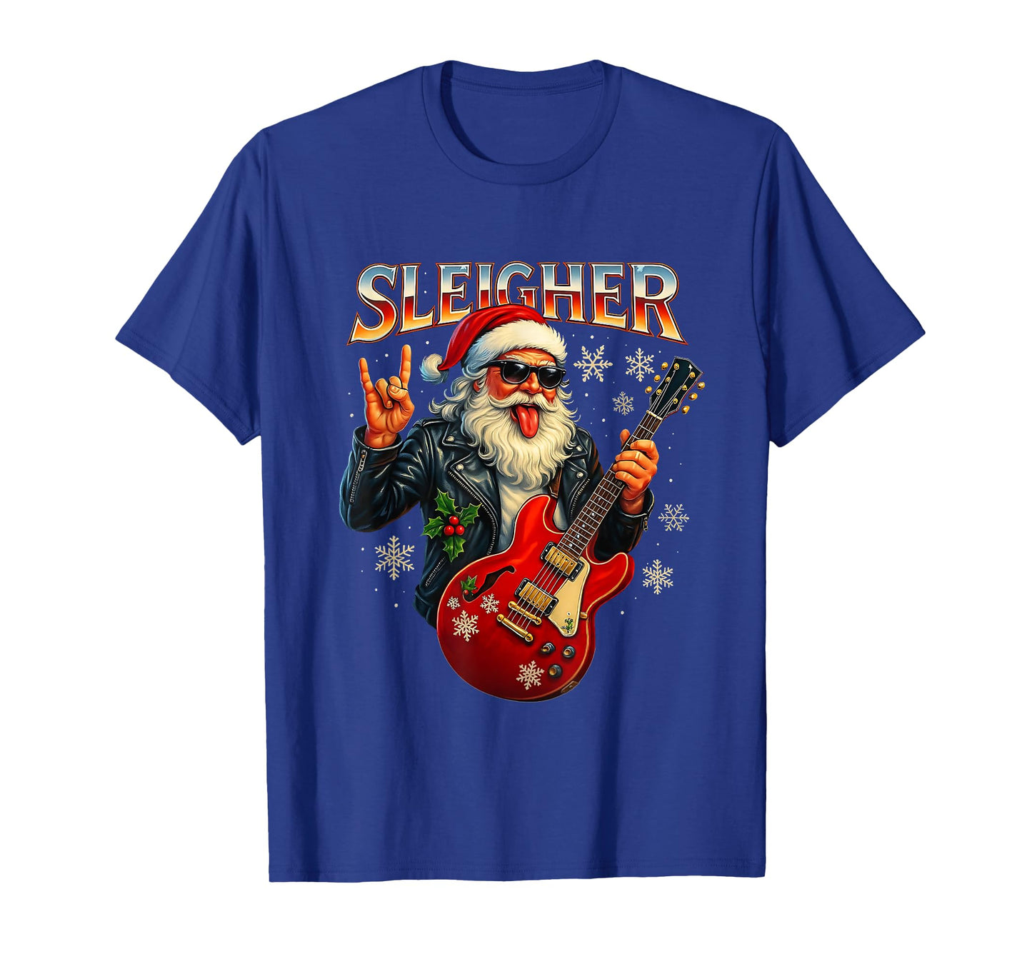 Sleigher Rock Santa Funny Metal Christmas Design T-Shirt
