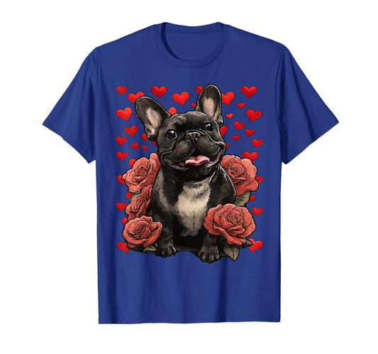 French Bulldog with Red Roses Hearts Valentine’s Day Dog T-Shirt