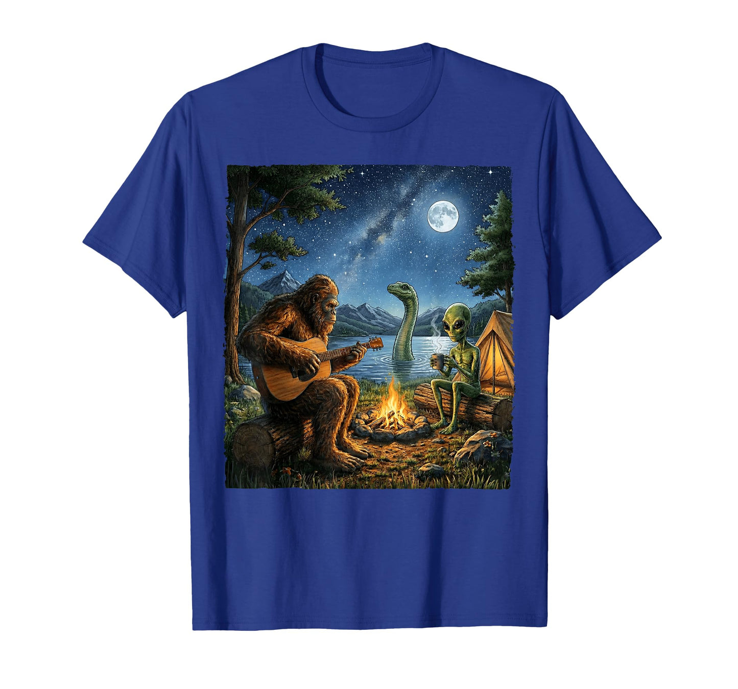 Bigfoot and Alien Loch Ness Campfire Sasquatch Funny Camping T-Shirt