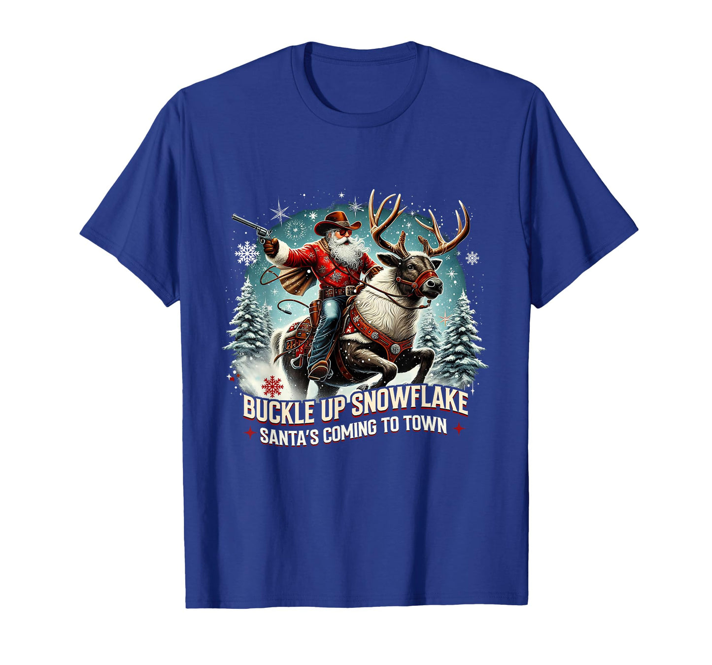 Buckle Up Snowflake Funny Cowboy Santa Design T-Shirt