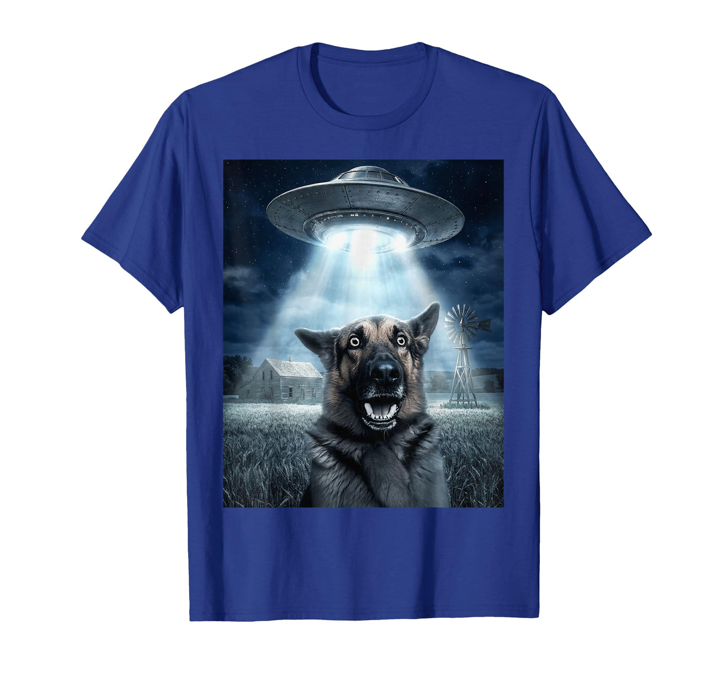 Scared German Shepherd Alien Beam UFO Farm Night T-Shirt