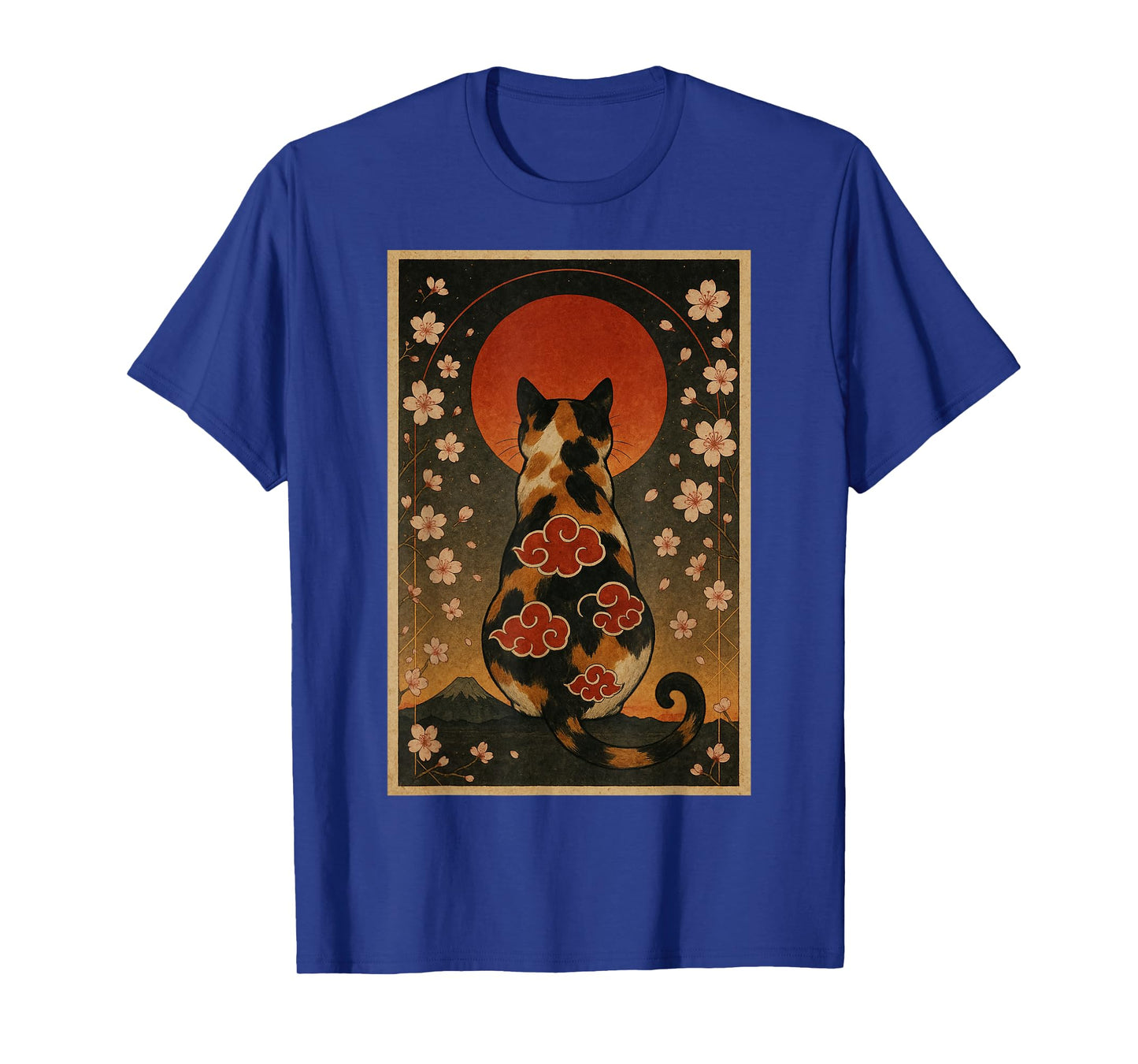Calico Cat Sakura Sunset Japanese Style Art Vintage Floral T-Shirt