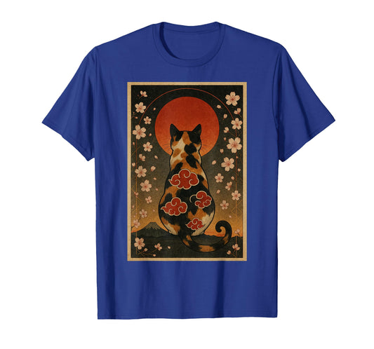 Calico Cat Sakura Sunset Japanese Style Art Vintage Floral T-Shirt