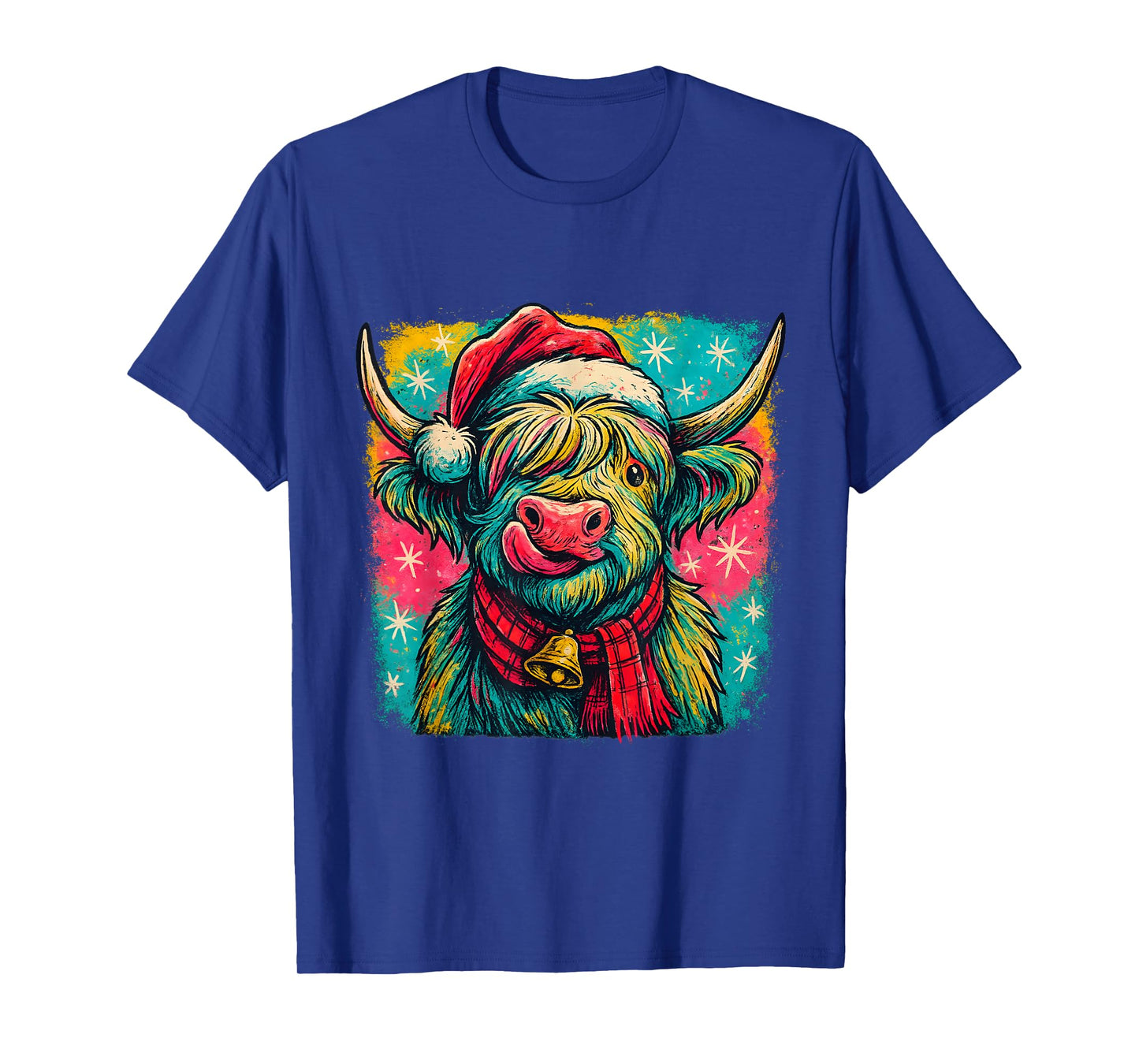 Colorful Highland Cow Christmas Plaid Bell Holiday Art T-Shirt