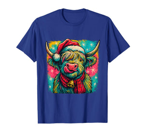 Colorful Highland Cow Christmas Plaid Bell Holiday Art T-Shirt