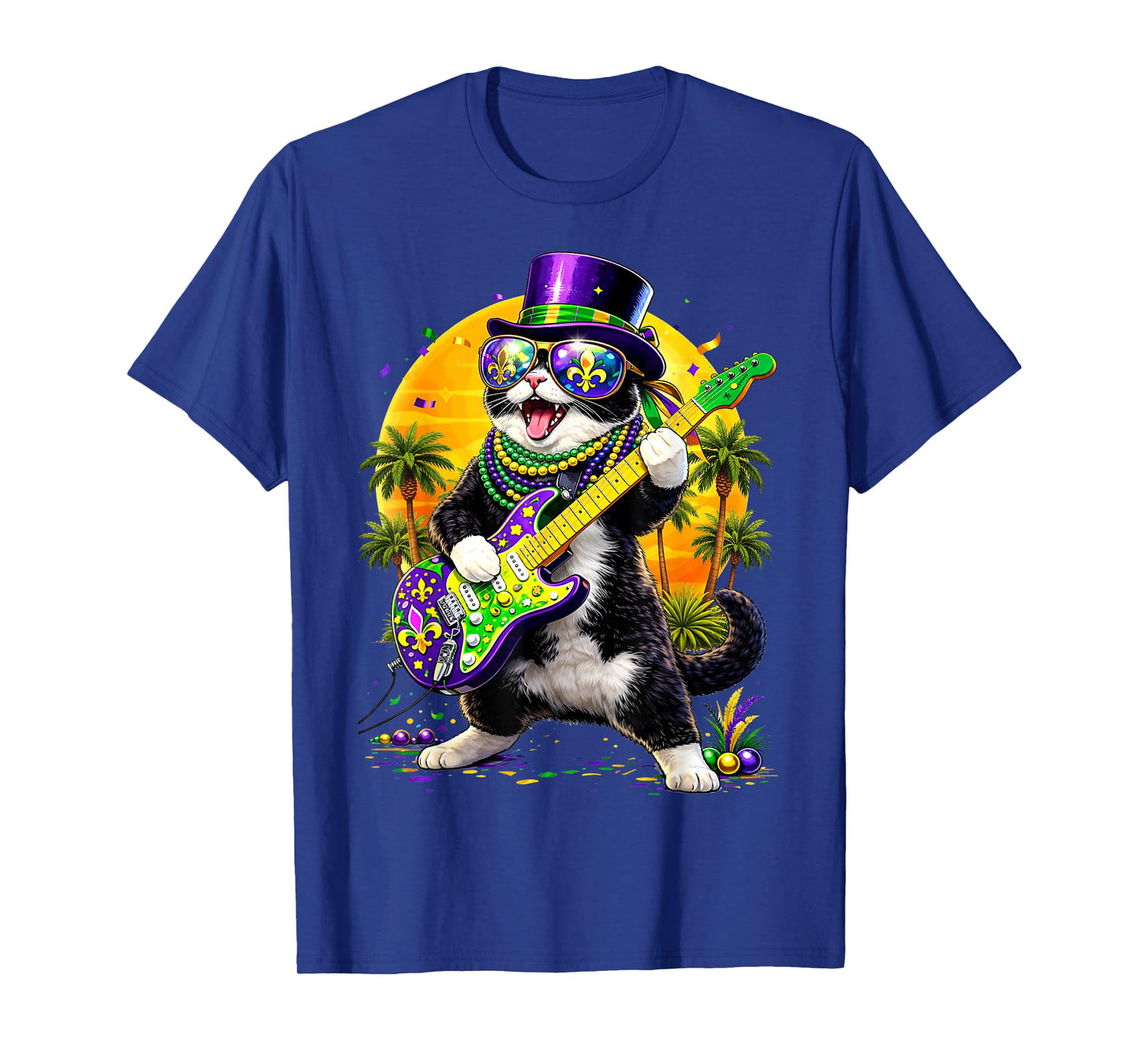 Funny Cat Playing Guitar Mardi Gras Men Women Teens Kids T-Shirt