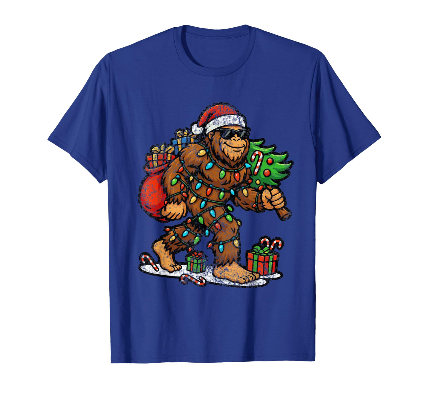 Santa Bigfoot Christmas Tree Xmas Lights Funny Sasquatch T-Shirt