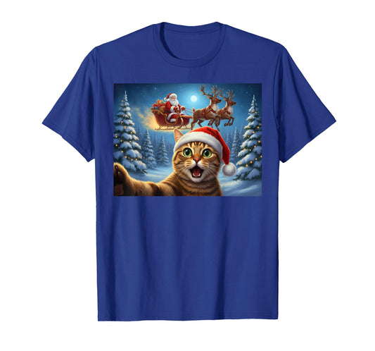 Cat Selfie Santa Claus Sleigh Reindeer Christmas Xmas Eve T-Shirt