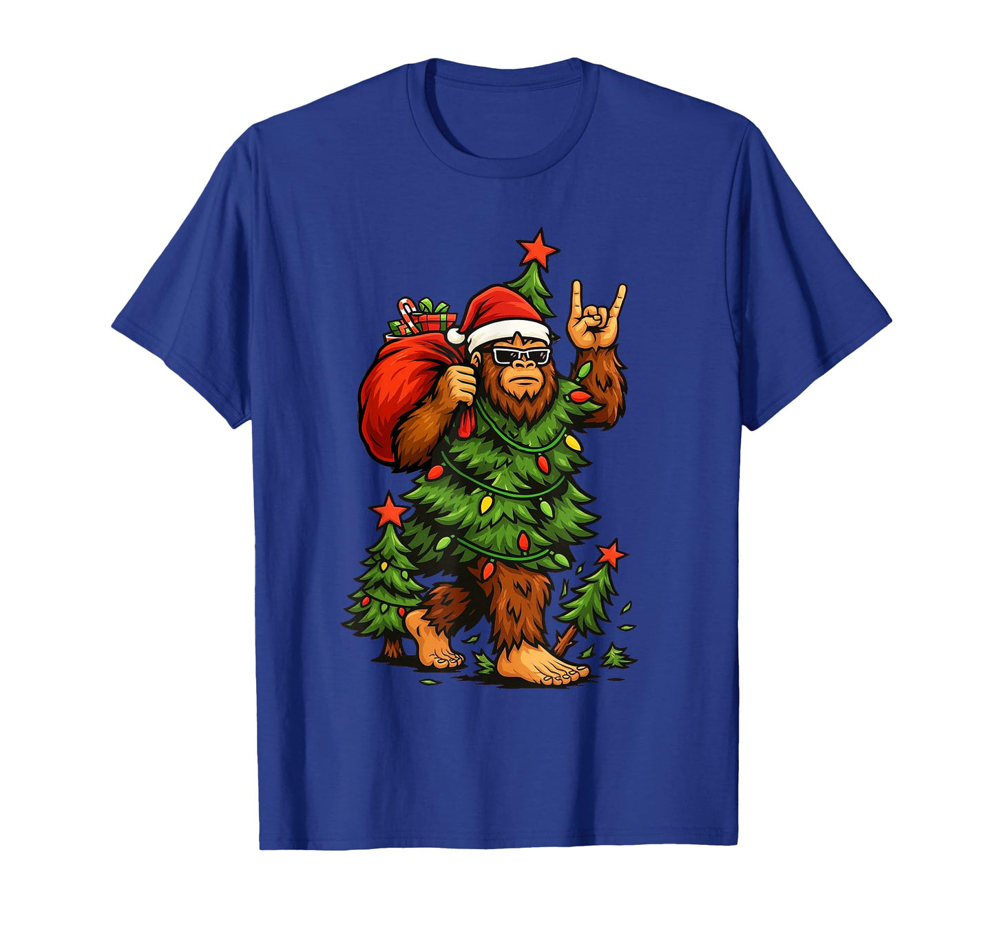 Santa Bigfoot Christmas Tree Xmas Lights Funny Sasquatch T-Shirt
