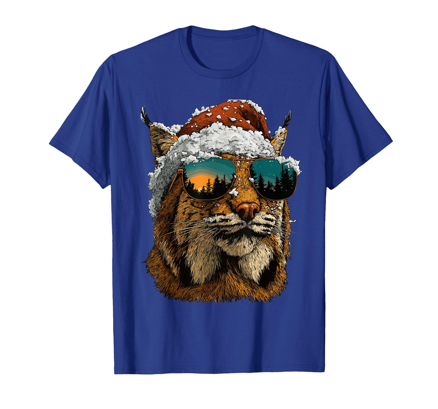 Bobcat with Sunglasses Snow Santa Hat Snowy Christmas Animal T-Shirt