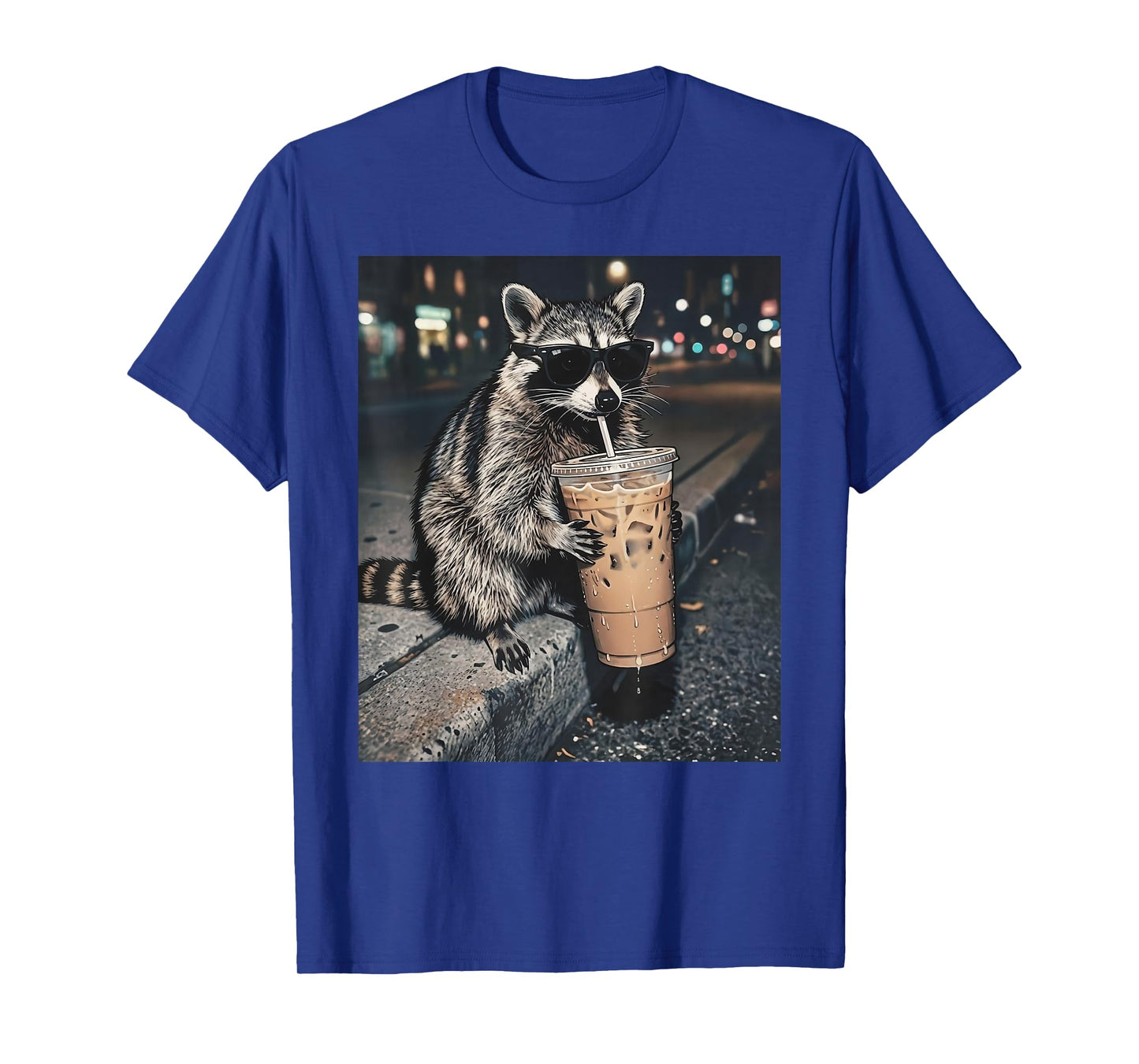 Raccoon Drinking Iced Coffee Funny Animal Meme Men Women T-Shirt