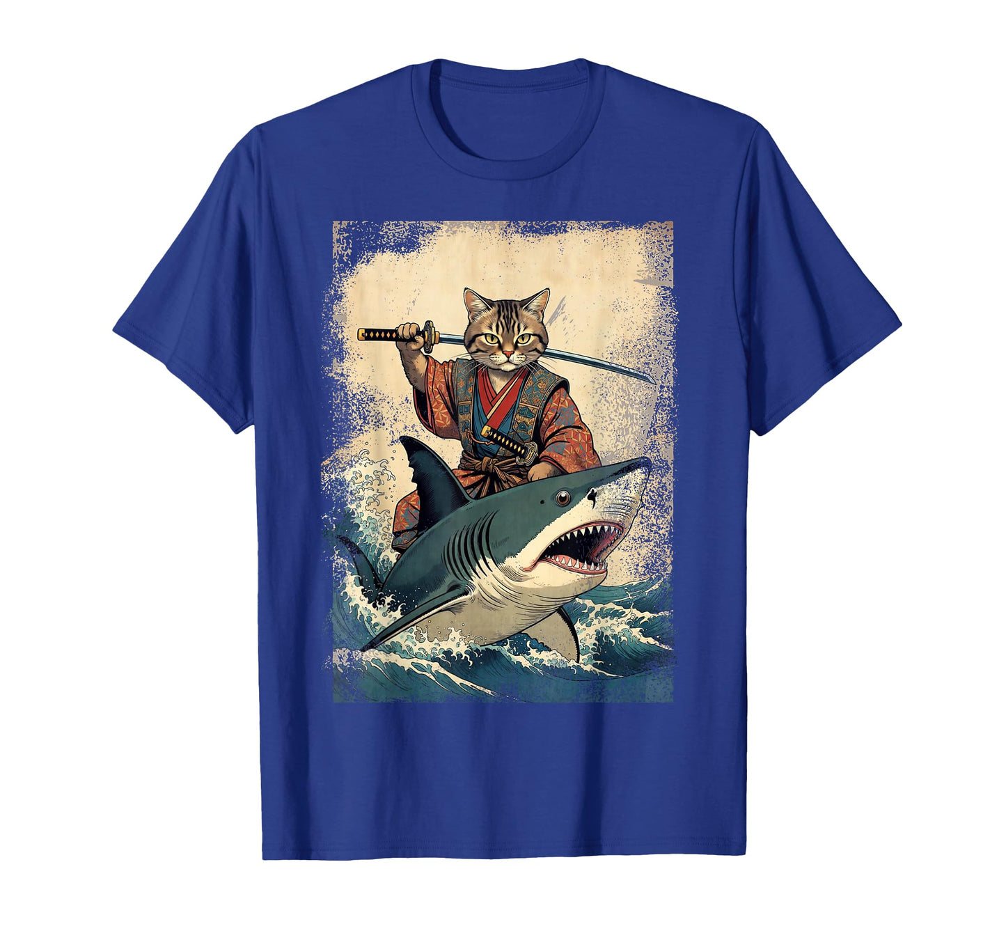 Vintage Samurai Cat Riding a Shark in Japanese Art Anime T-Shirt