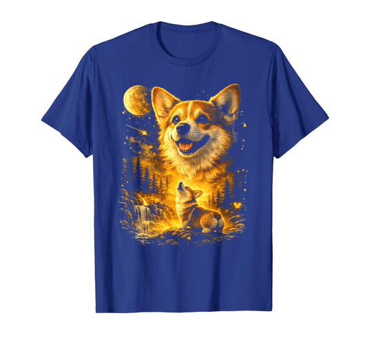Funny Corgi Howling at The Moon Vintage Mystical Dog Art T-Shirt