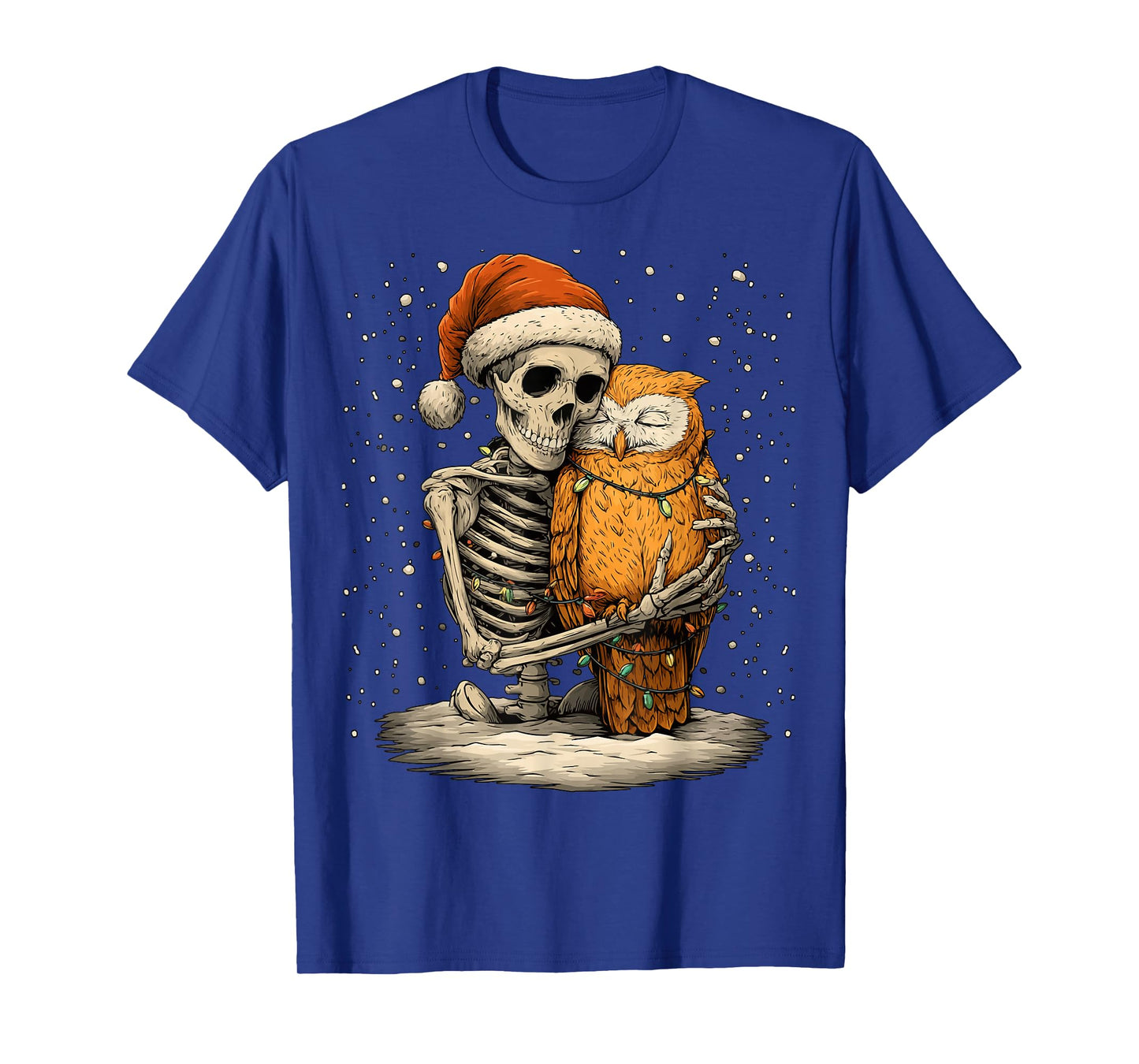 Skeleton Hugging an Owl with Santa Hat Snow Gothic Christmas T-Shirt