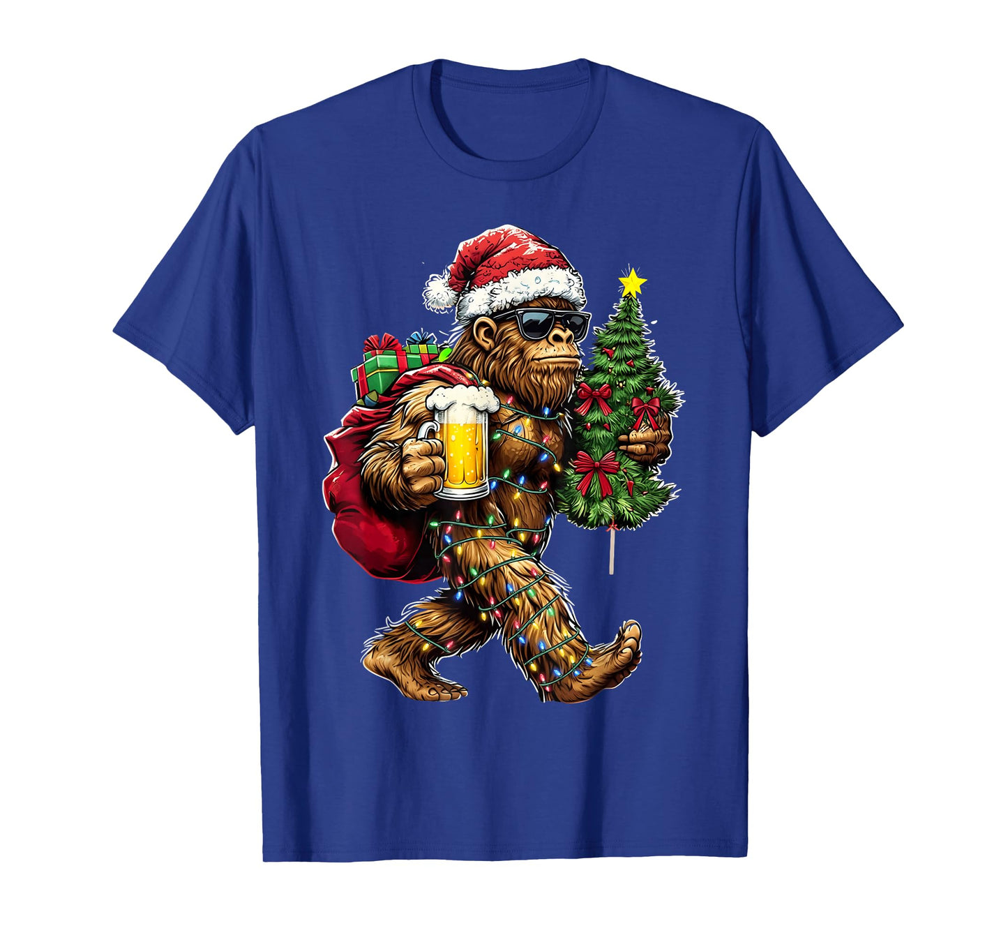 Funny Big Foot Santa Hat Drink Christmas Tree Xmas Men T-Shirt