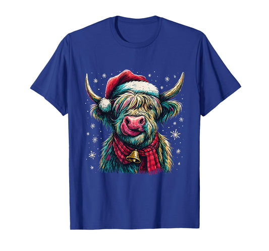 Highland Cow Christmas Santa Hat Plaid Bell Holiday Art T-Shirt