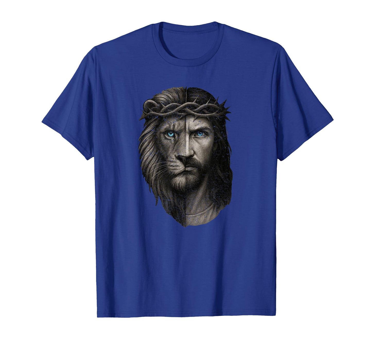 Lion and Jesus Half Face Crown of Thorns Blue Eyes Art T-Shirt