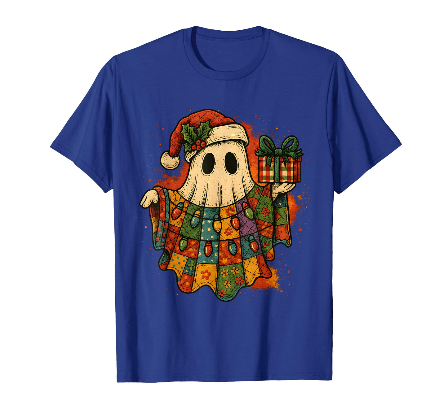 Vintage Christmas Ghost Patchwork Lights Design T-Shirt