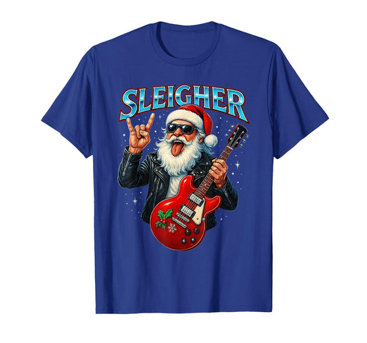 Sleigher Rock Santa Funny Metal Christmas Design T-Shirt