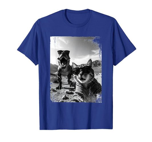 Funny Cat and T-Rex Wearing Sunglasses Selfie Humor T-Shirt
