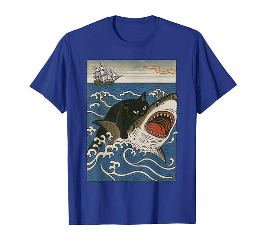 Black Cat Hunting Shark Ukiyoe Ocean Art Japanese Style T-Shirt