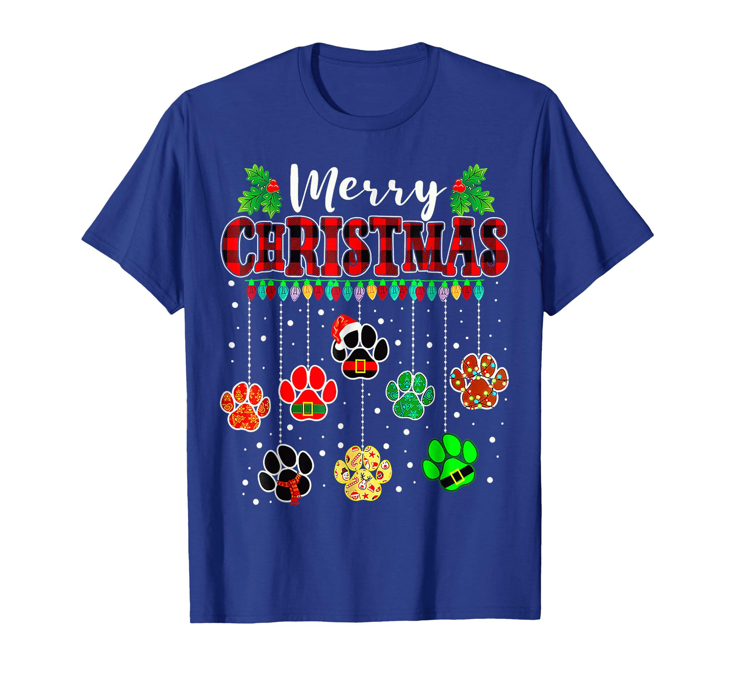 Merry Christmas Lights Dog Paw Xmas T-Shirt