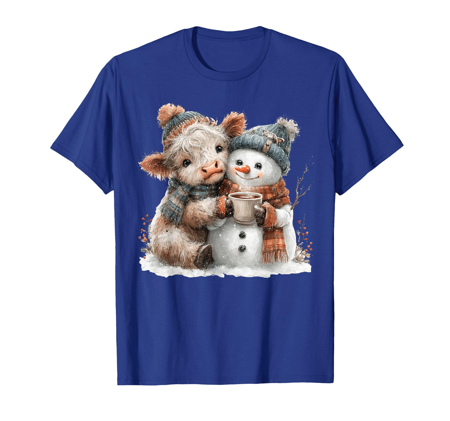 Highland Cow Hugging Snowman Drink Coffee Winter Christmas T-Shirt