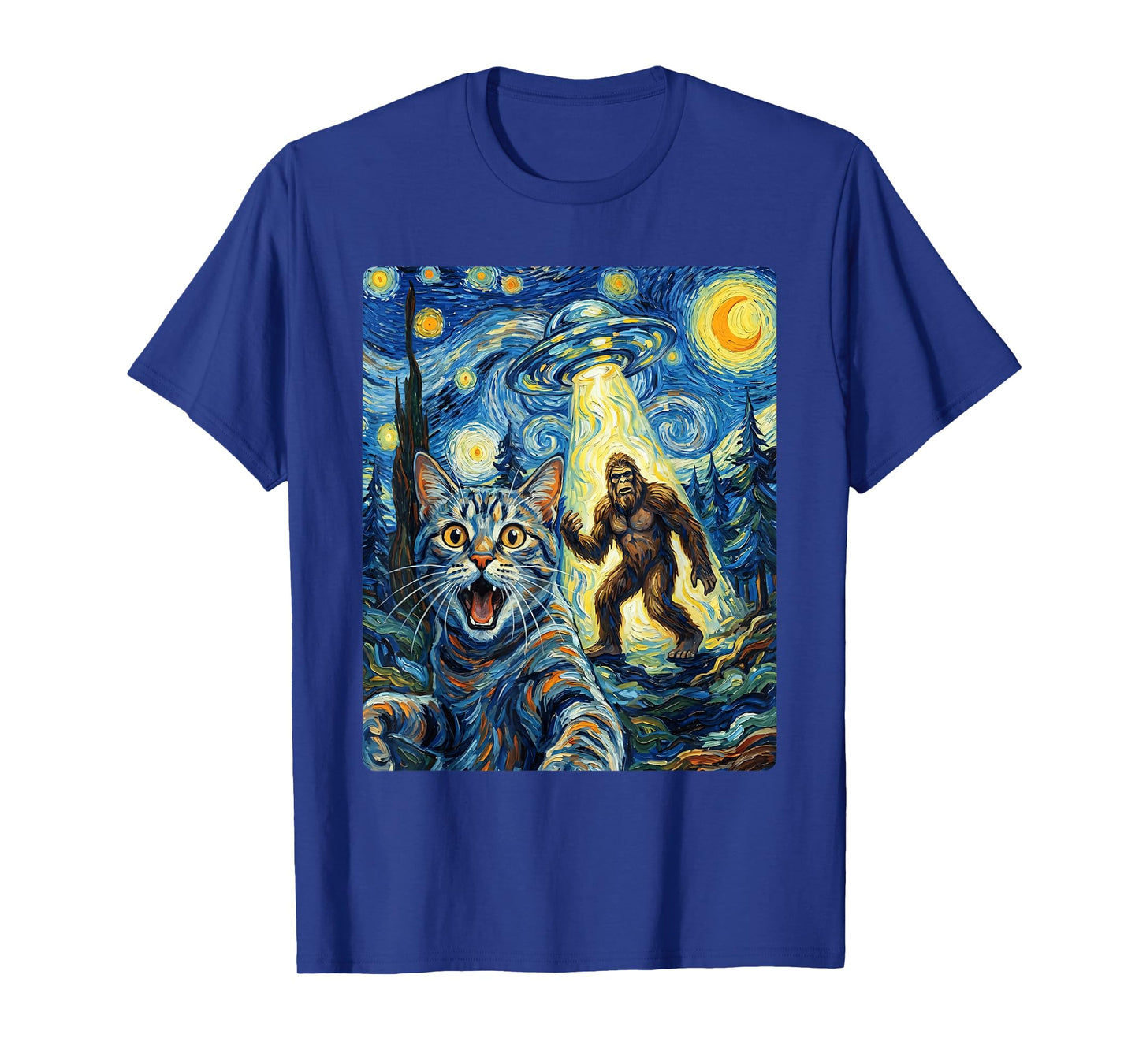Cat Selfie with Bigfoot & UFO | Funny Sasquatch Cat Van Gogh T-Shirt