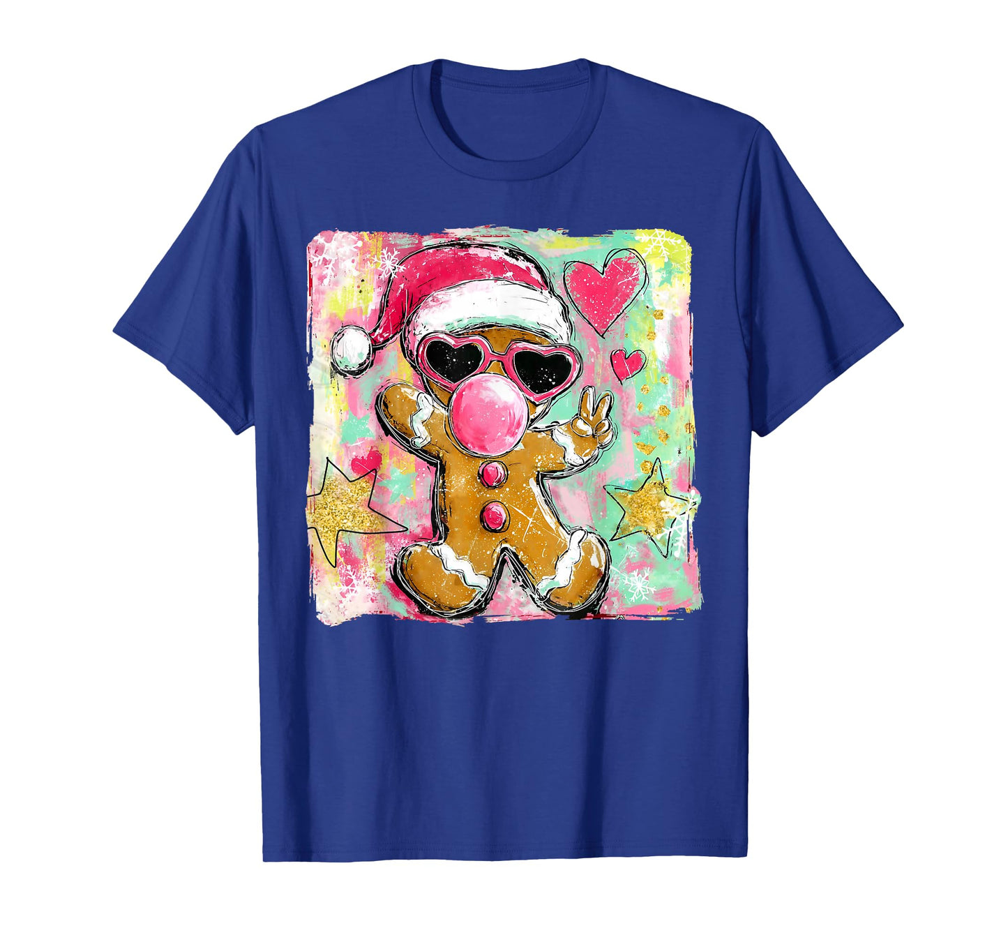 Retro Gingerbread Blowing Bubble Gum Sunglasses Christmas T-Shirt