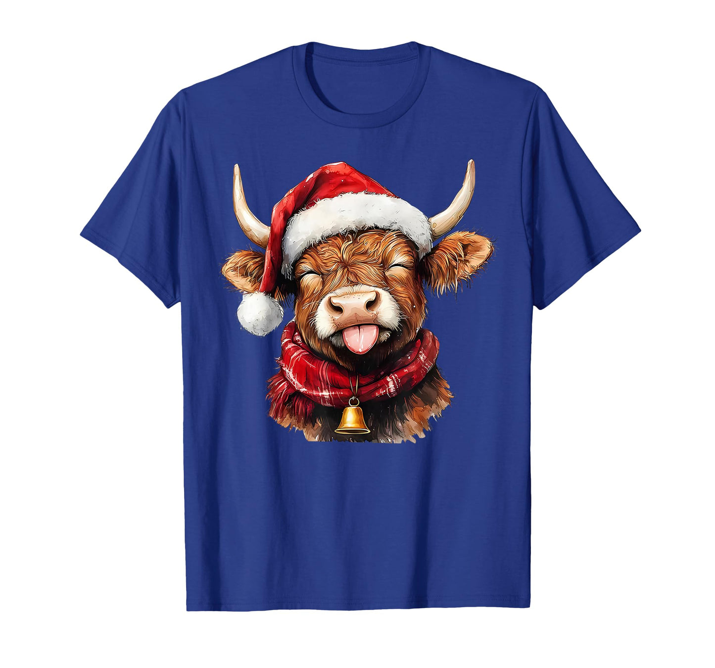 Highland Cow Red Santa Hat Scarf Bell Tongue Out Christmas T-Shirt