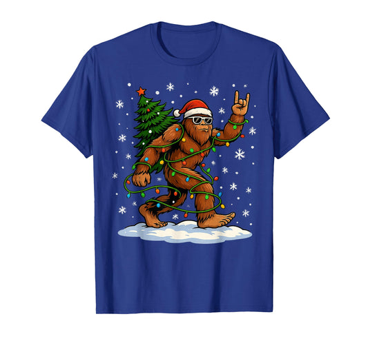 Funny Bigfoot Rock On Christmas Lights Snow Holiday Xmas T-Shirt