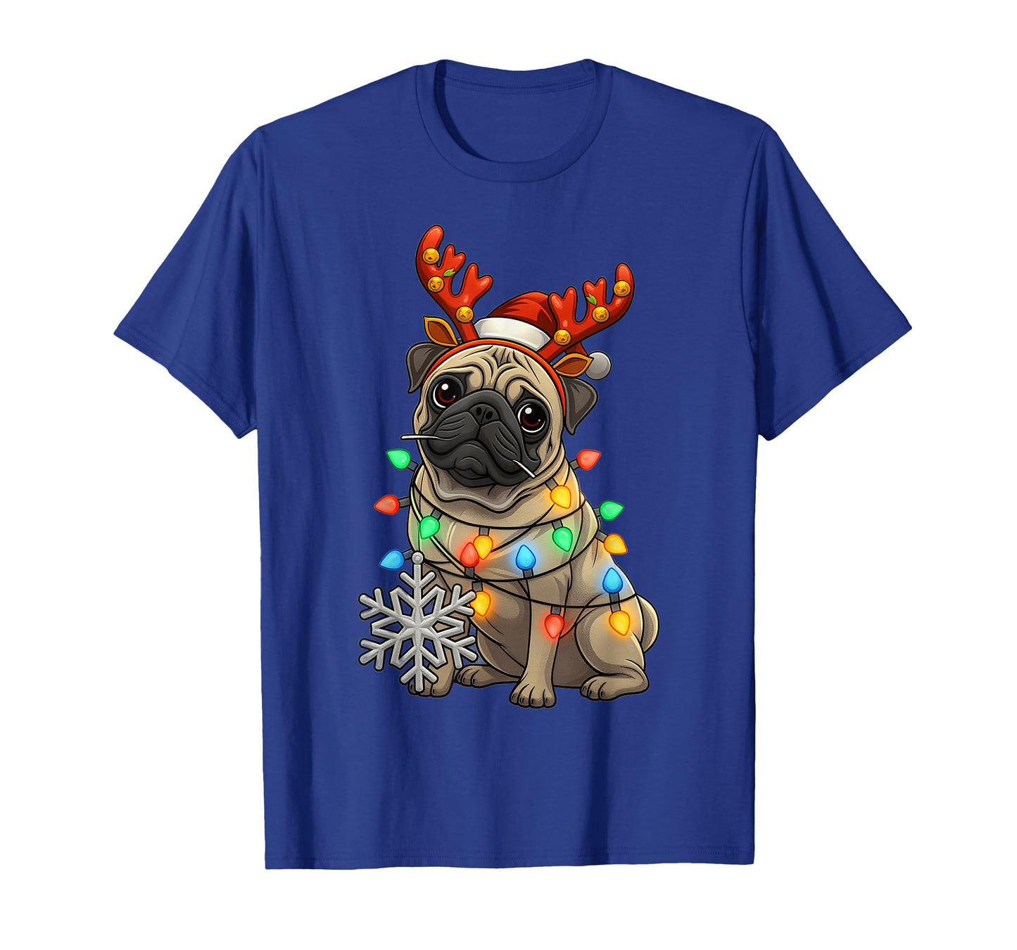 Festive Pug with Christmas Lights and Snowflake Design T-Shirt